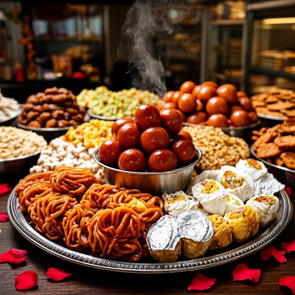 Assorted Tattvam Indian sweets — gulab jamun, jalebi, kaju katli and more